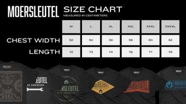 Moersleutel t-shirt size chart. Sizes M – XXXXL, sizes run small