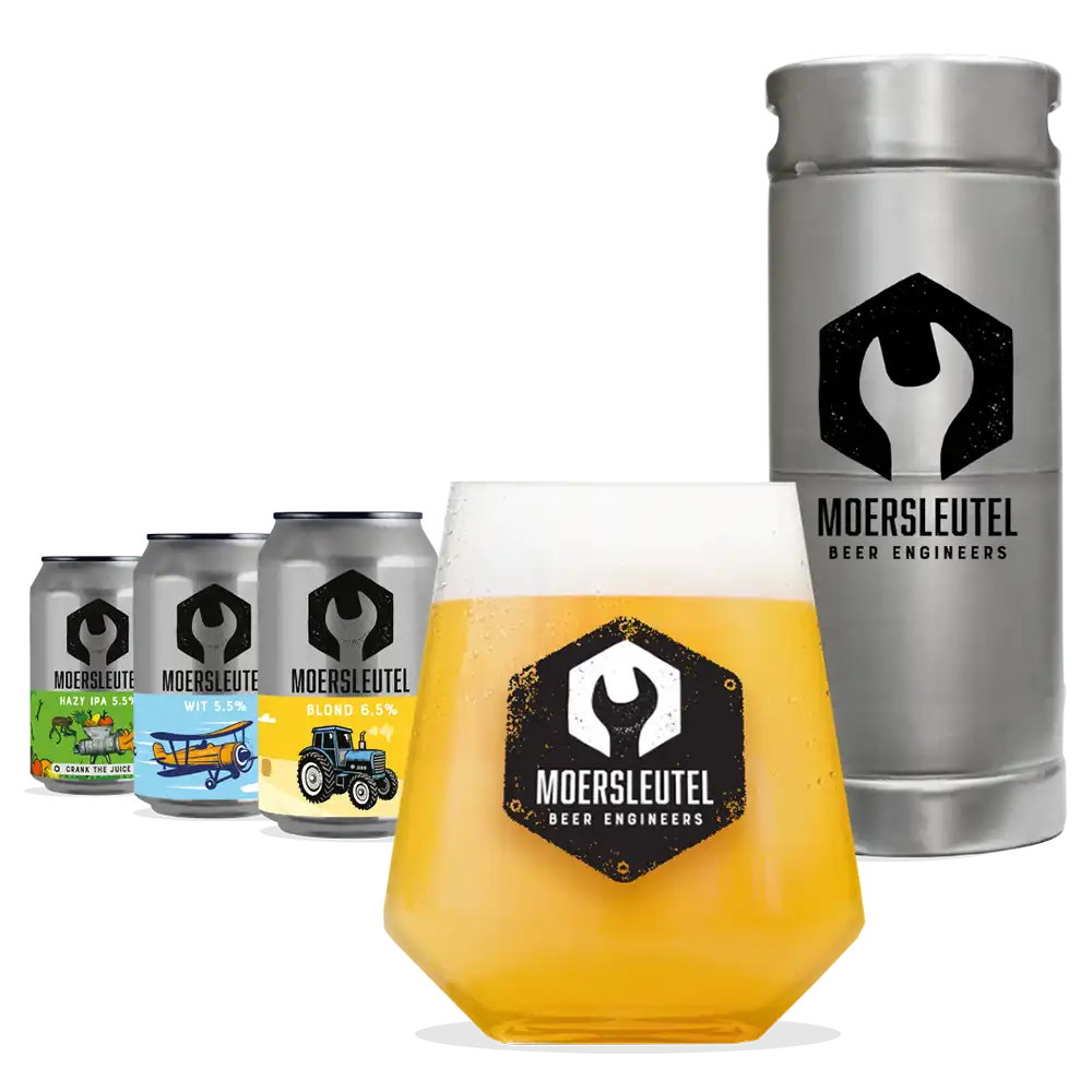 Collection of Moersleutel 330ml cans, a Moersleutel tumbler glass with light beer, a Moersleutel keg