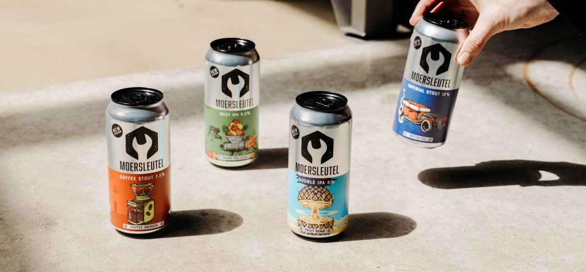 Moersleutel craft beer cans, including Coffee Stout, Hazy IPA, Double IPA and Imperial Stout