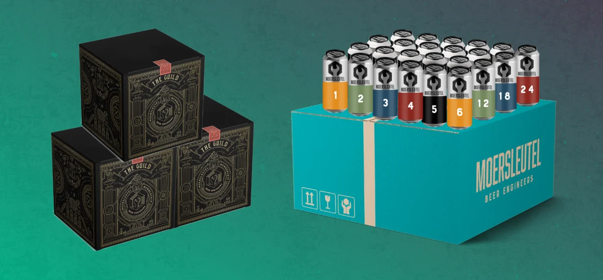Moersleutel Guild Advent Calendar 2025 with Guild Box and two glasses of craft beer (IPA and stout)