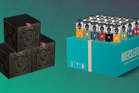Moersleutel Guild Advent Calendar 2025 with Guild Box and two glasses of craft beer (IPA and stout)