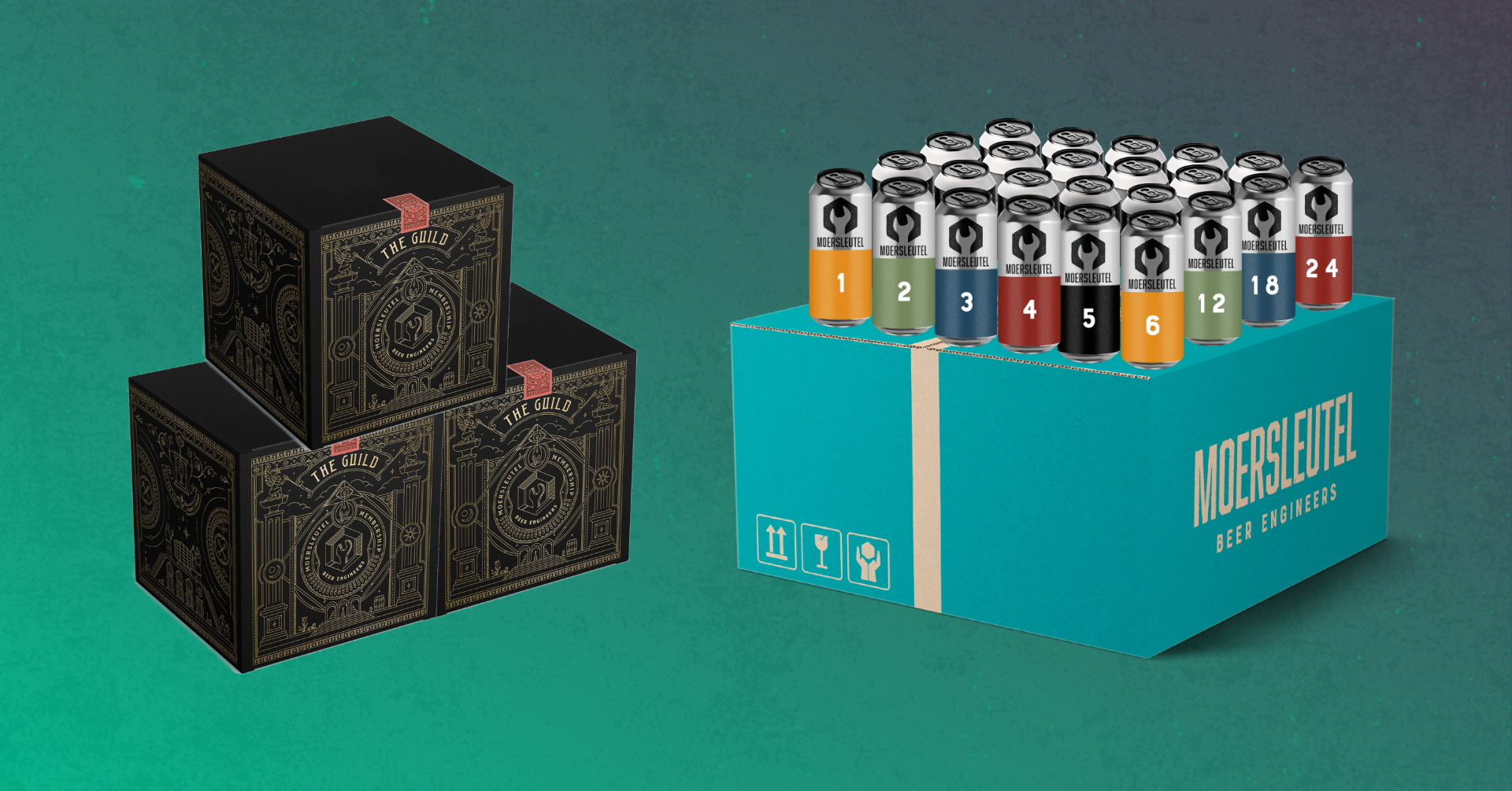 Moersleutel Guild Advent Calendar 2025 with Guild Box and two glasses of craft beer (IPA and stout)